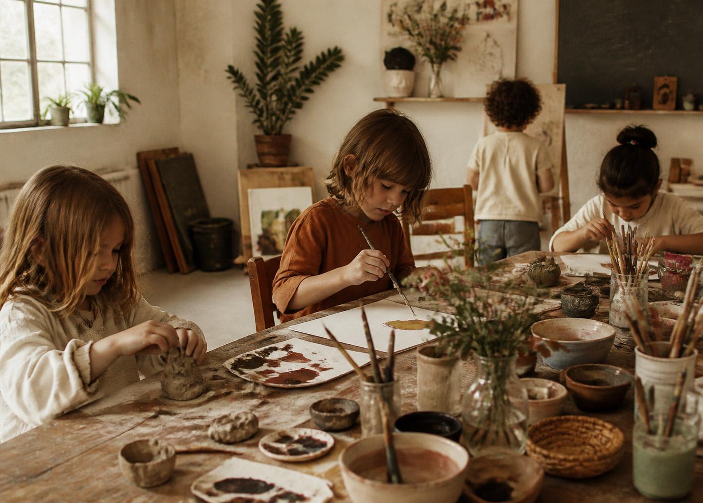 Children painting and modelling clay together at a large wooden studio table